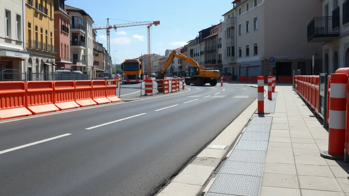 Obras de renovación vial en una urbanización, con maquinaria y barreras de seguridad.