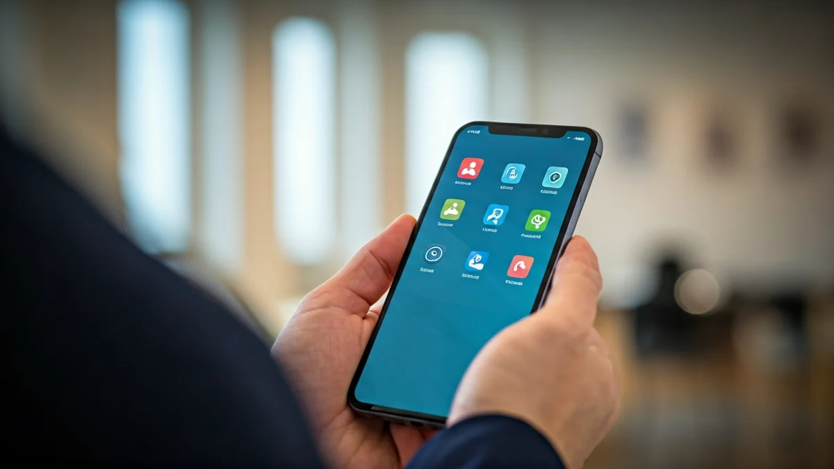 Generic image of a person using a mobile phone for job searching or managing digital procedures.