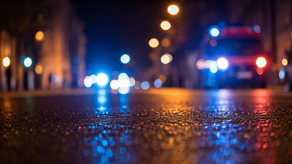 Generic image of emergency lights reflected on wet asphalt.