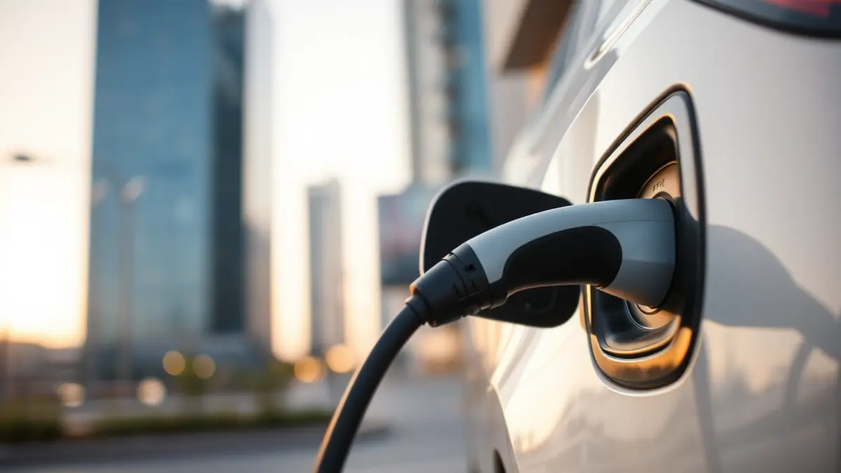 Generic image of an electric car charging in an urban setting.