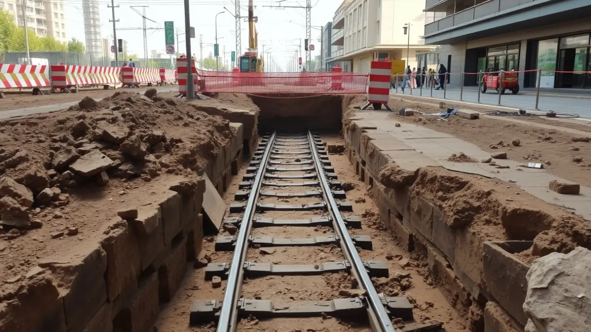 Remains of old tram tracks discovered during construction work in Madrid.