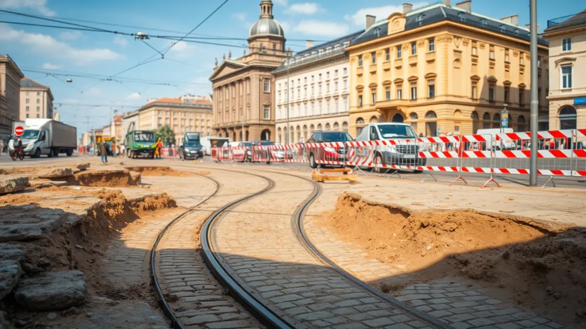 Restos de adoquines y vías de tranvía antiguos descubiertos durante obras en Madrid.