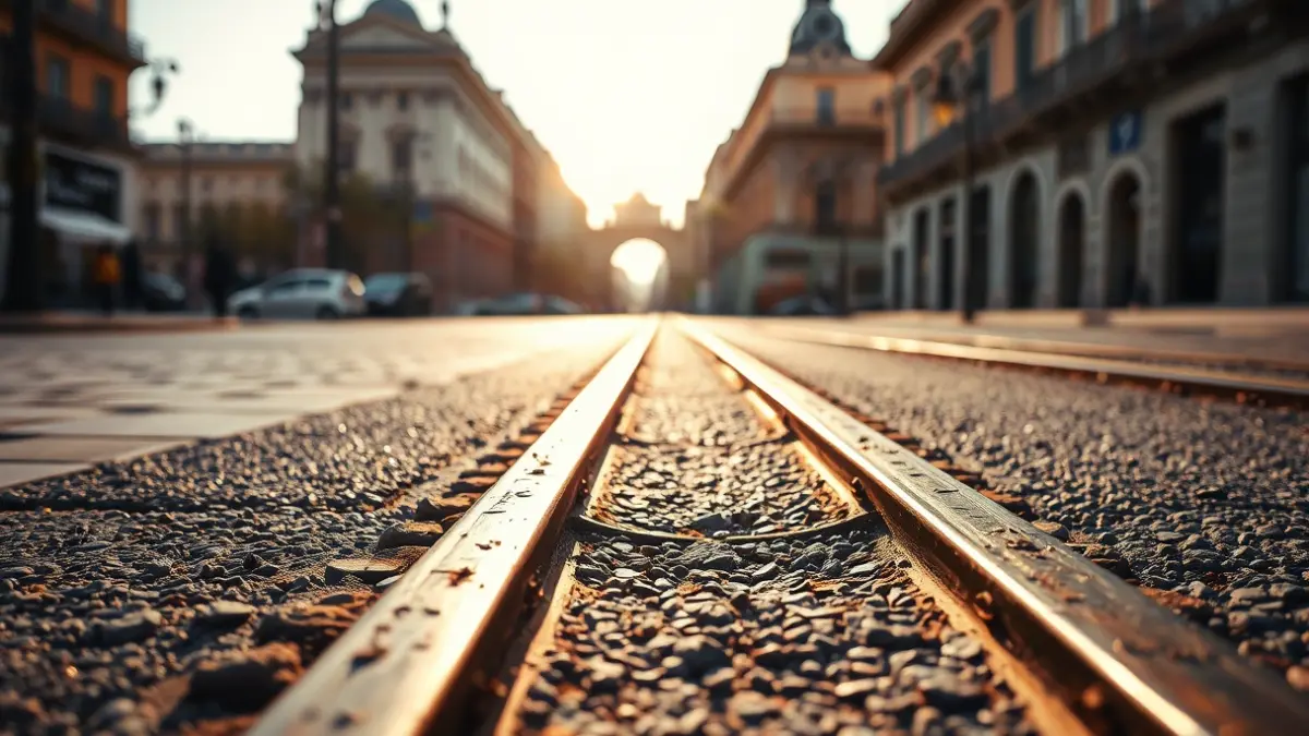 Remains of old tram tracks under asphalt in Madrid.