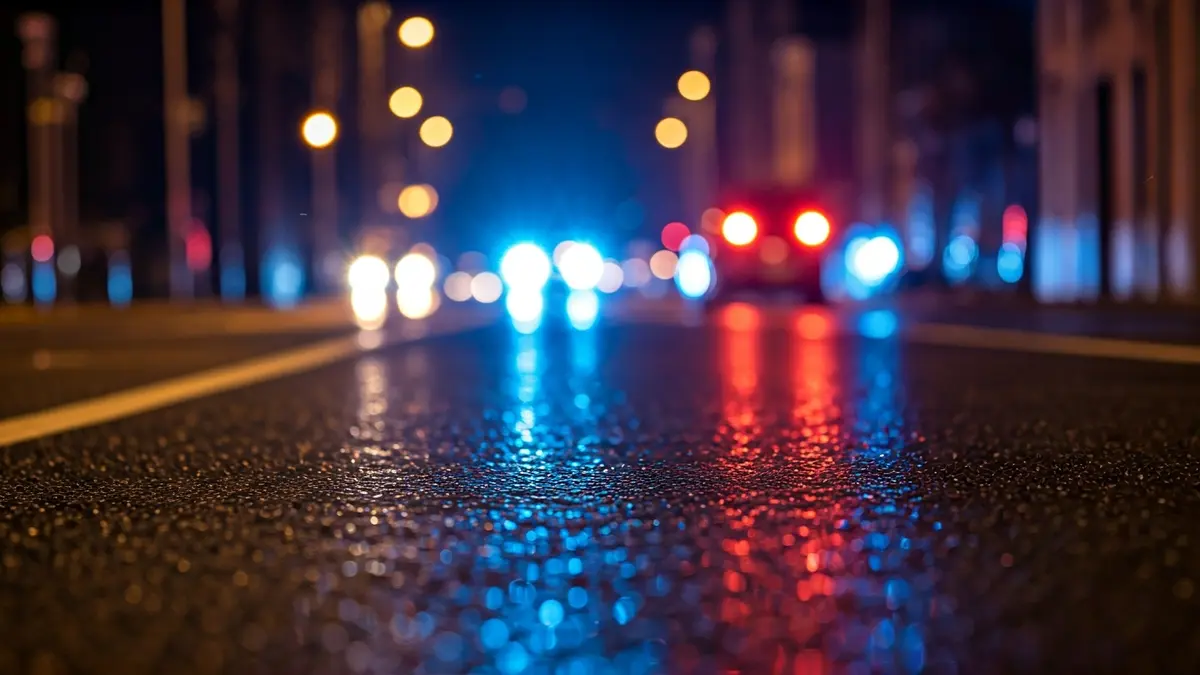 Imagen genérica de luces de emergencia reflejadas en el asfalto mojado.