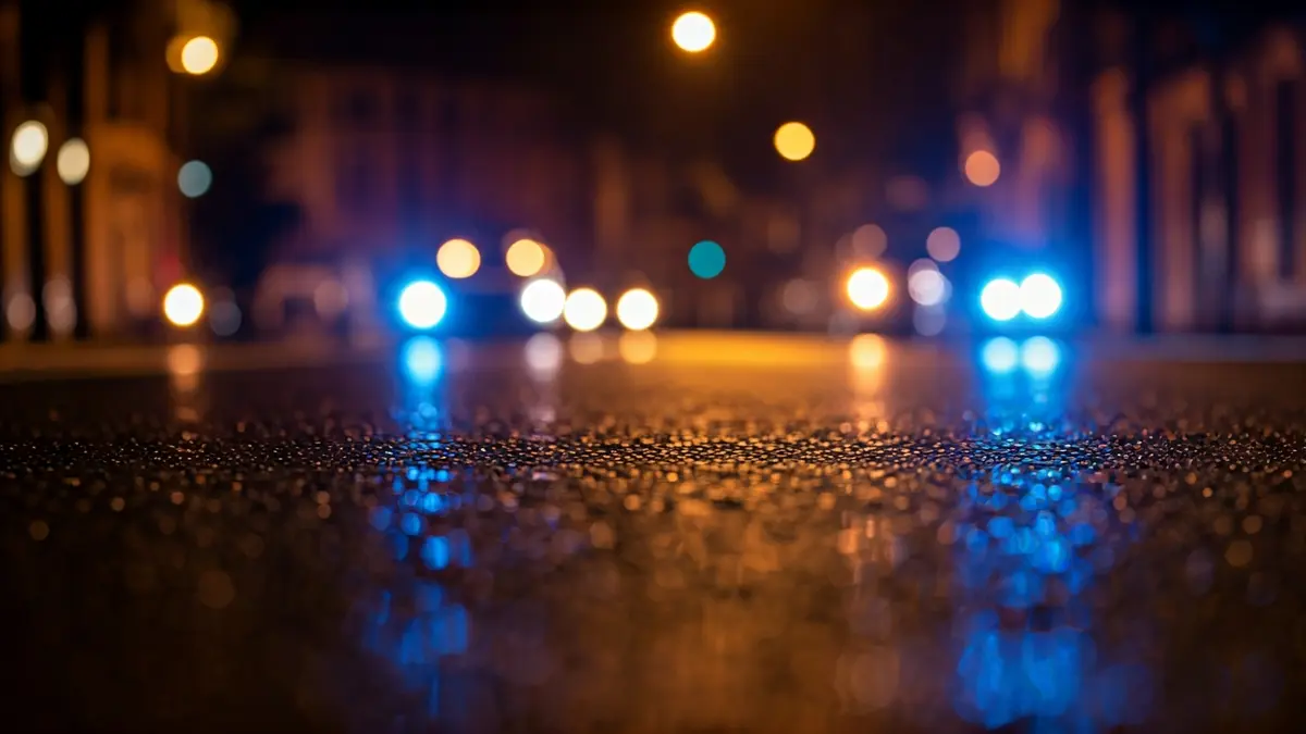 Imagen genérica de luces de emergencia reflejadas en el asfalto mojado por la noche.