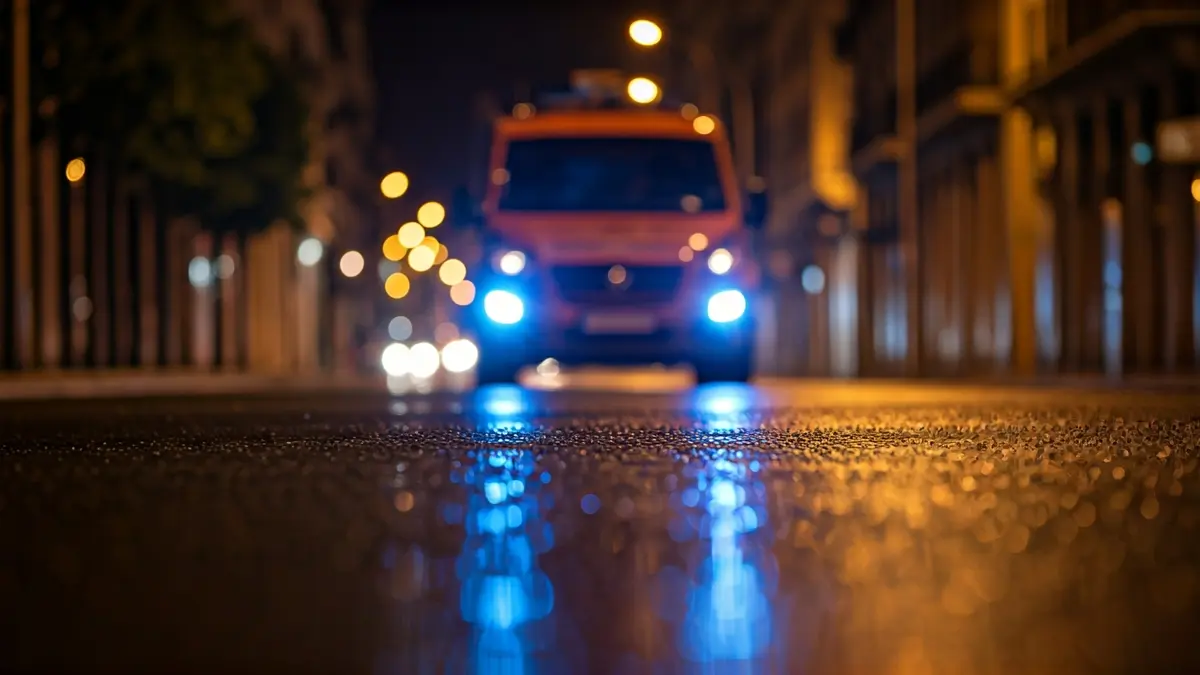 Generic image of emergency lights reflecting on wet asphalt at night.