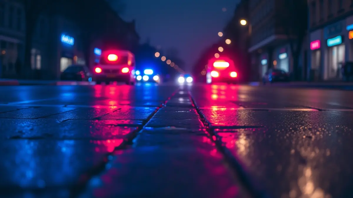 Generic image of emergency lights reflected on wet asphalt at night.
