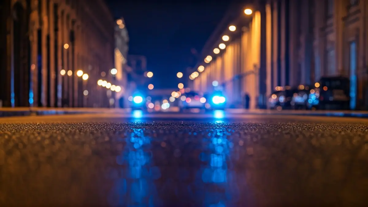 Imagen genérica de luces de emergencia reflejadas en el asfalto mojado por la noche.