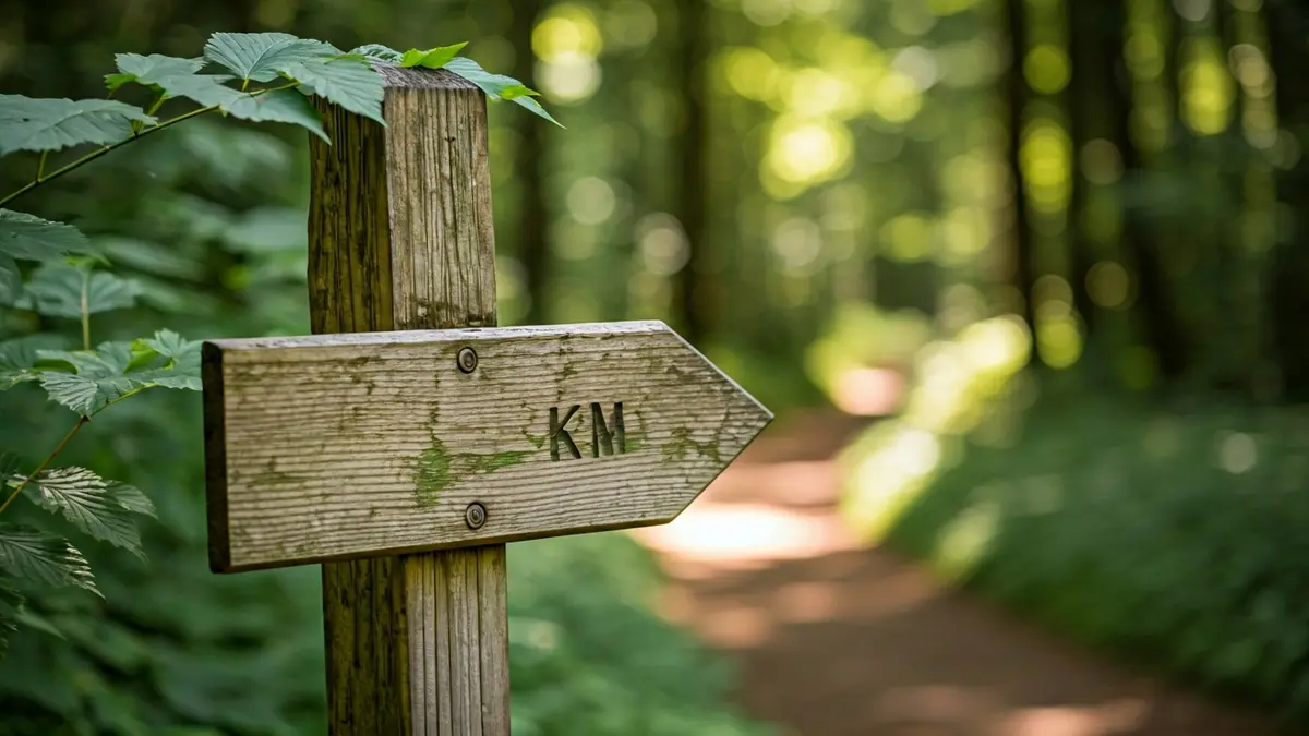 Imagen genérica de un poste indicador de kilómetro en un sendero natural.