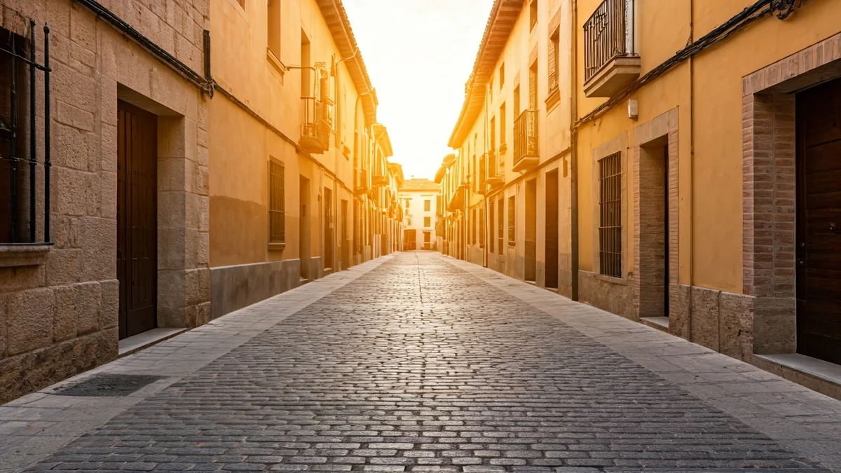 Imagen de una calle de pueblo tradicional español, con un poste de señalización sin texto.