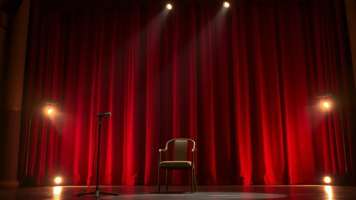Imagen genérica de un escenario de teatro con un micrófono y una silla vacía.