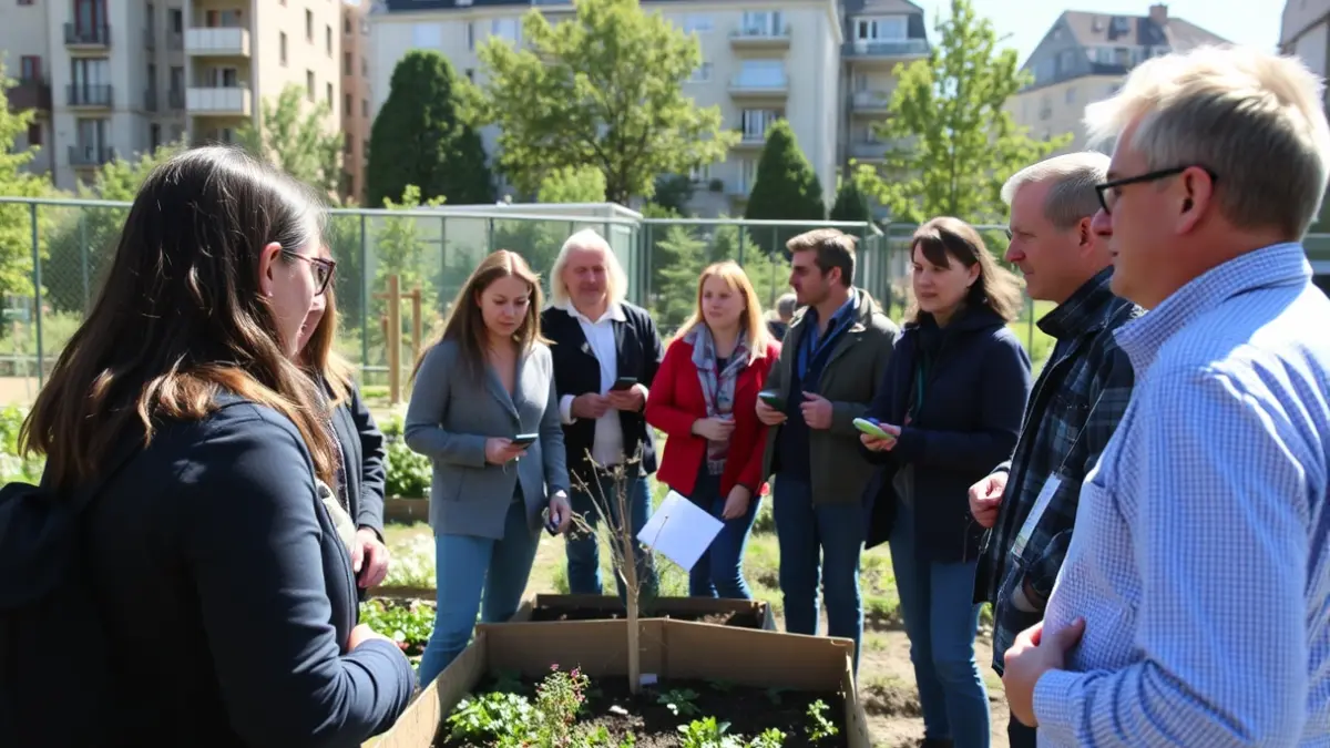 Greek students and professors visiting sustainability initiatives in a Madrid neighborhood.