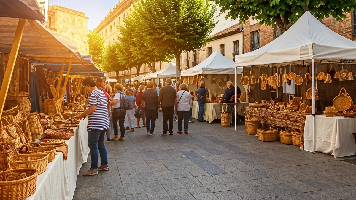 Image of an artisan market with wicker, felt, and ceramic stalls, and families participating in workshops.