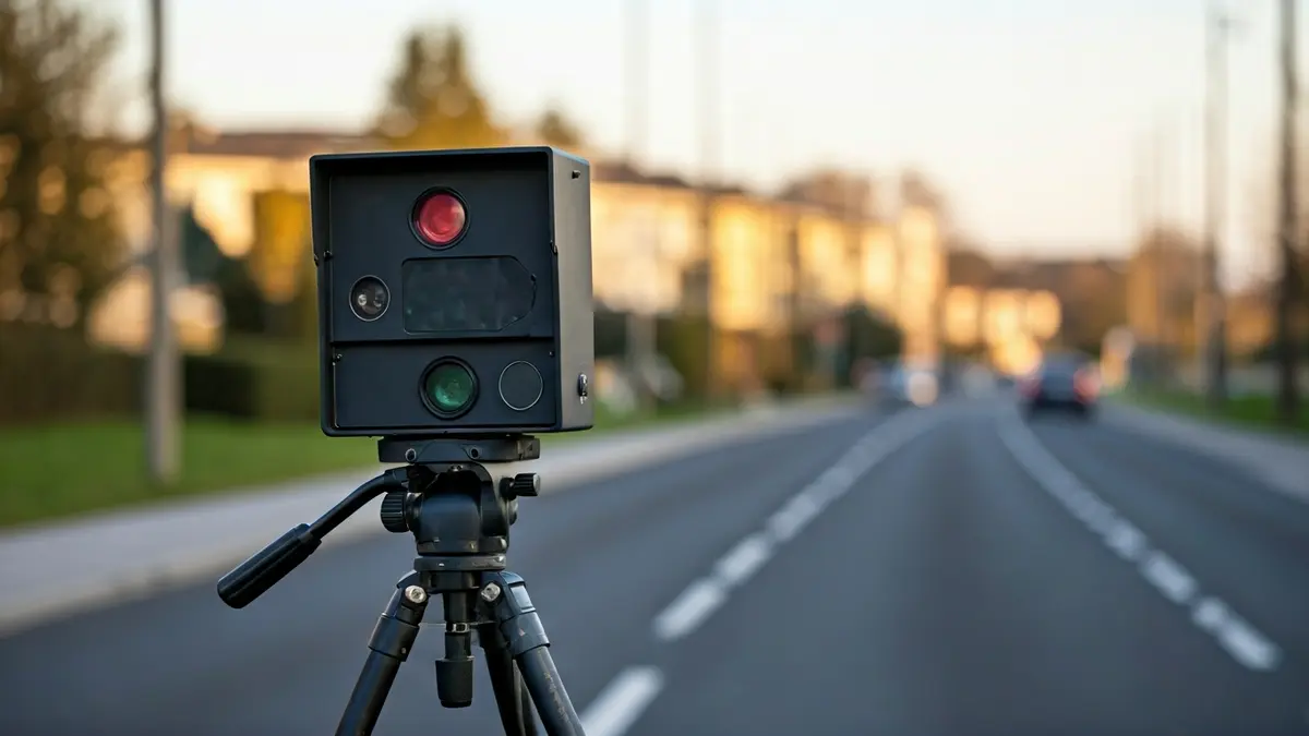 Imagen de un radar móvil de control de velocidad en una calle urbana.