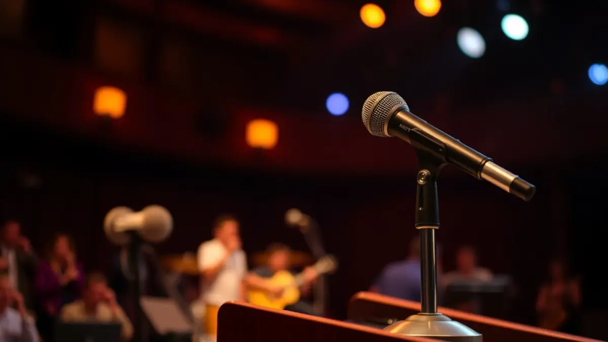 Generic image of a microphone on a stage, symbolizing a charity concert.