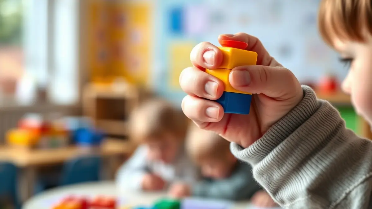 Imagen genérica de un niño pequeño jugando con bloques en un aula de educación infantil.