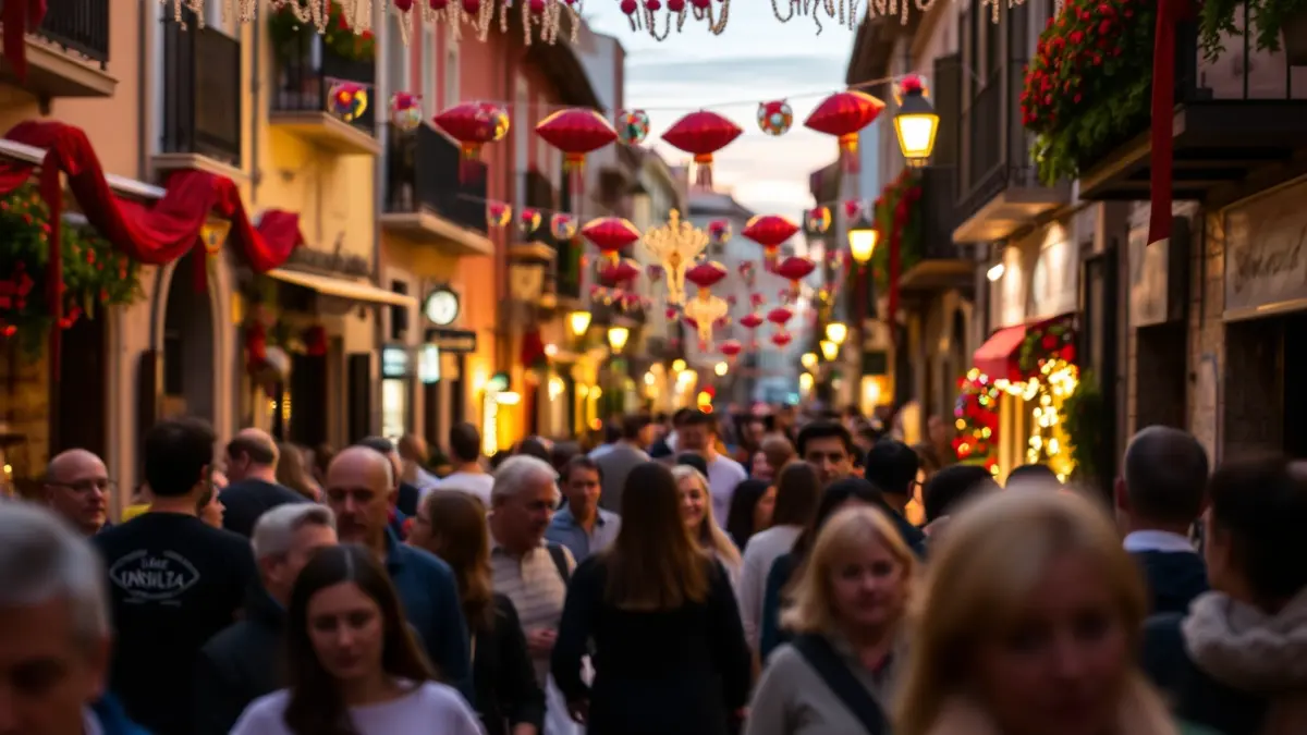 Imagen genérica de una calle festiva en un pueblo español con luces y gente borrosa.