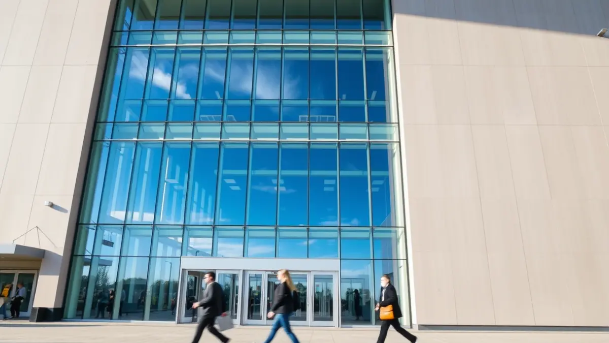 Generic image of a modern convention center with a glass facade.