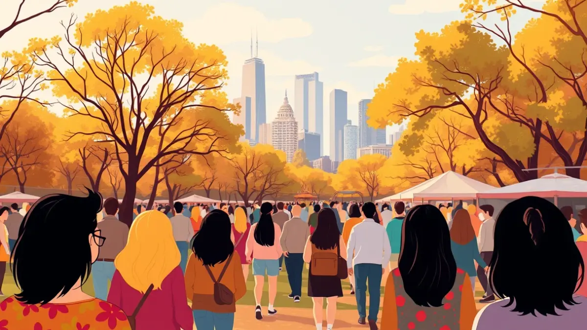 Image of a colorful and modern illustration depicting a festive urban park celebration.