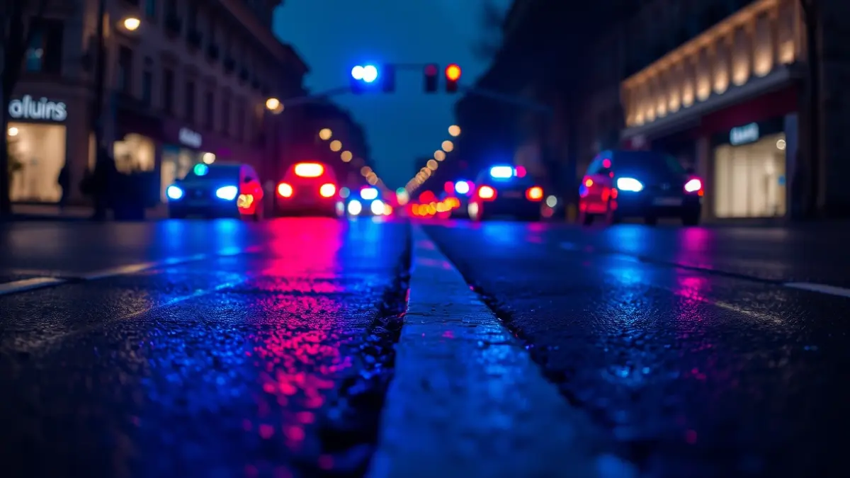 Generic image of emergency lights reflecting on wet asphalt at night.