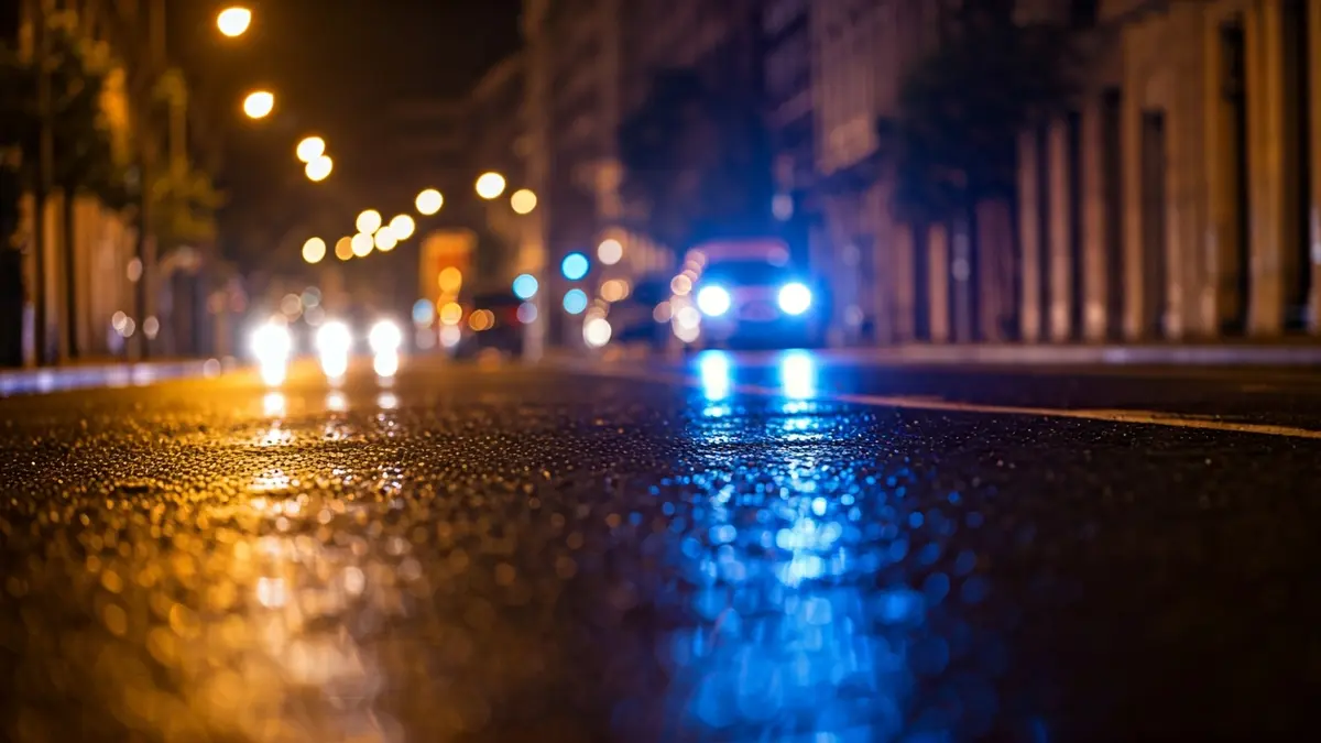 Generic image of emergency lights reflected on wet asphalt in a city.