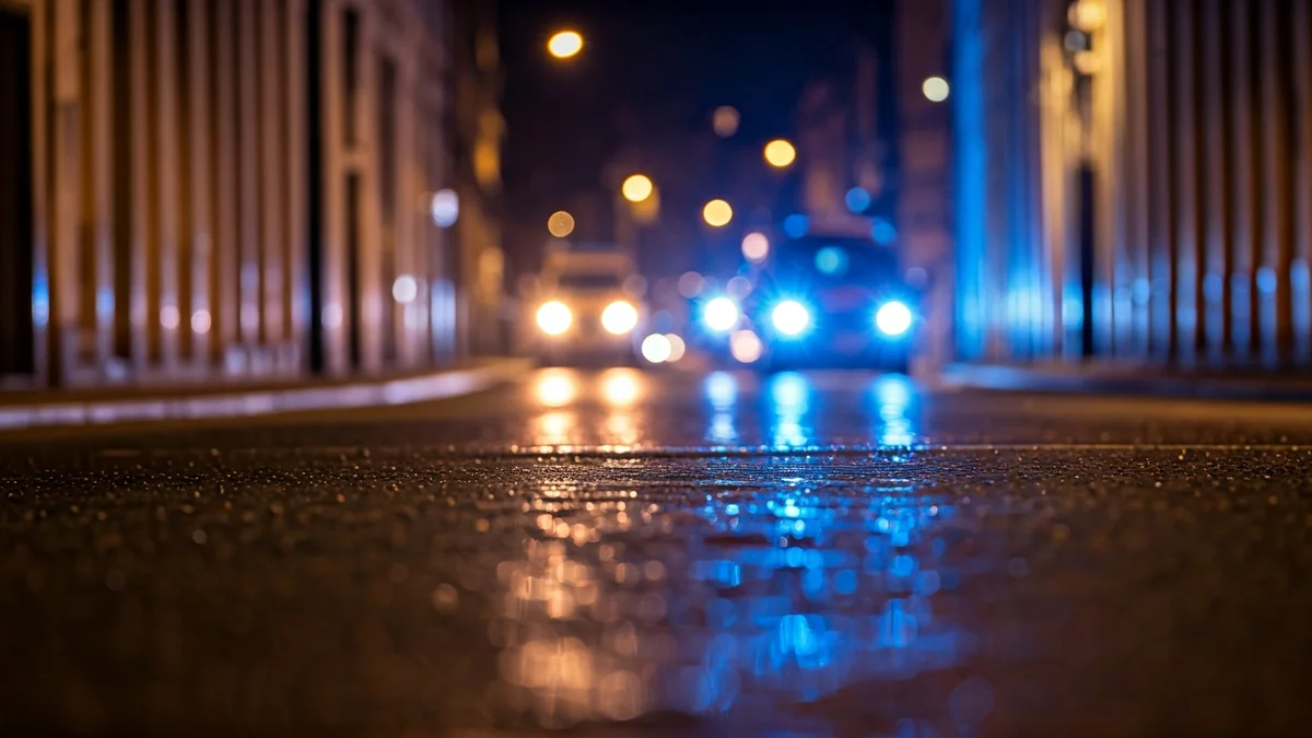 Imagen genérica de luces de emergencia reflejadas en el asfalto mojado.