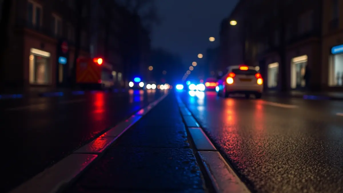 Generic image of emergency lights reflecting on wet asphalt at night.