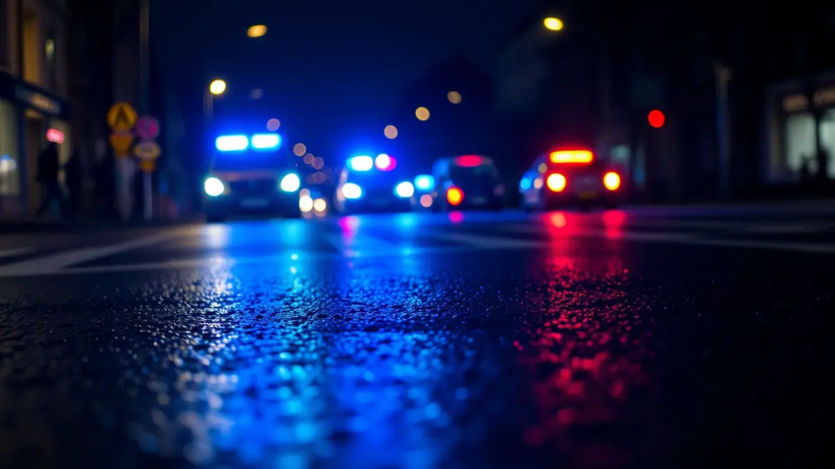 Generic image of emergency lights reflected on wet asphalt.
