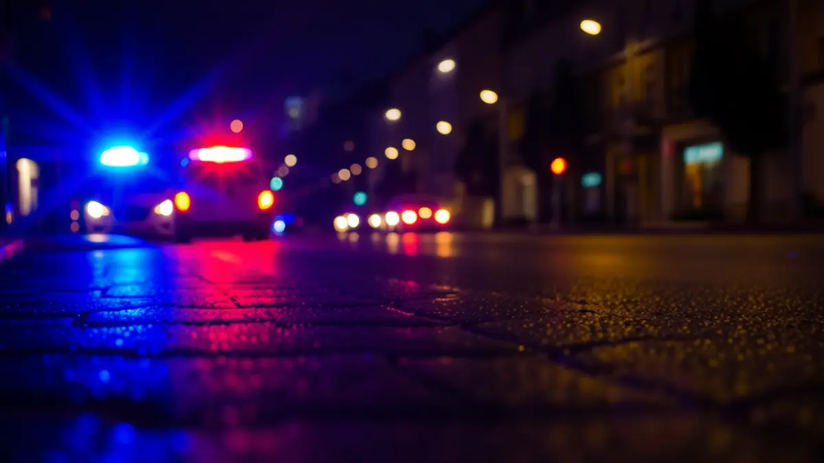Generic image of emergency lights reflected on wet asphalt at night.