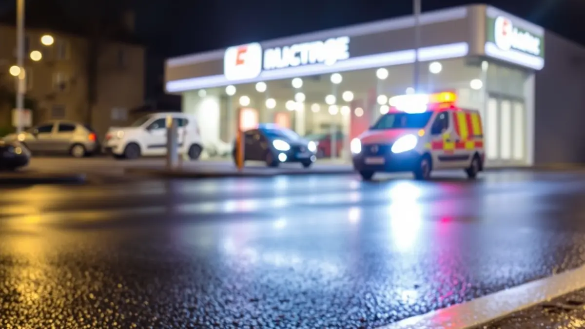 Imagen genérica de luces de emergencia en la noche, reflejadas en el asfalto.