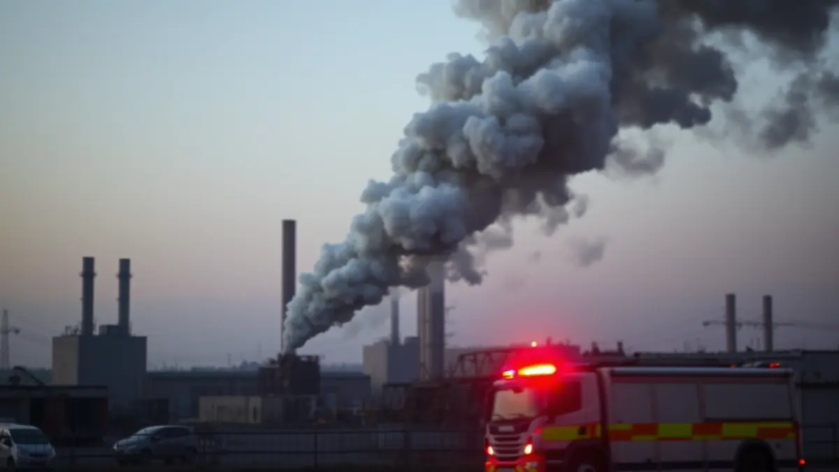 Imagen de un incendio en una planta de reciclaje con humo visible.