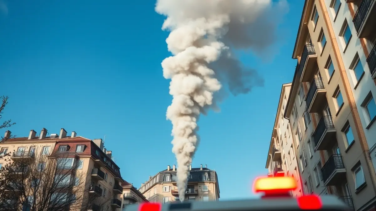 Image of a smoke column rising from a residential building in Madrid.