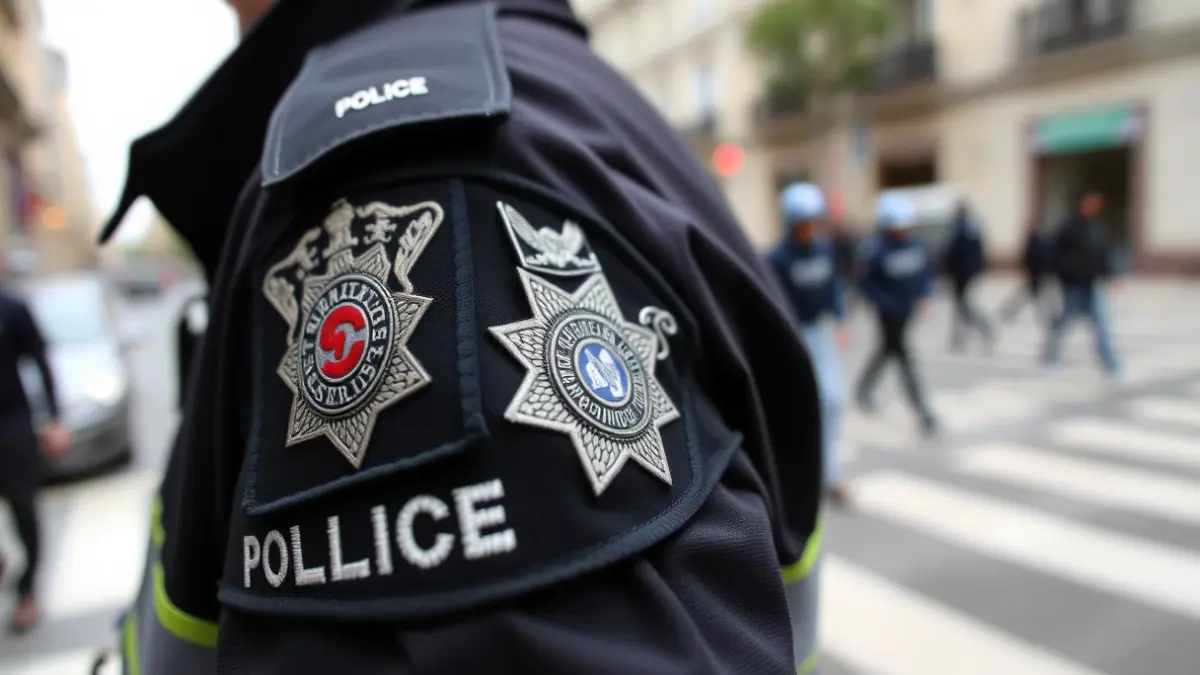 Generic image of a municipal police badge with a blurred urban background.