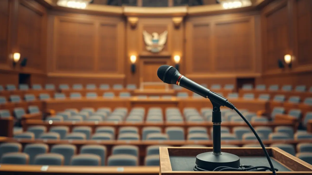 Generic image of a microphone on a podium in an empty council chamber.