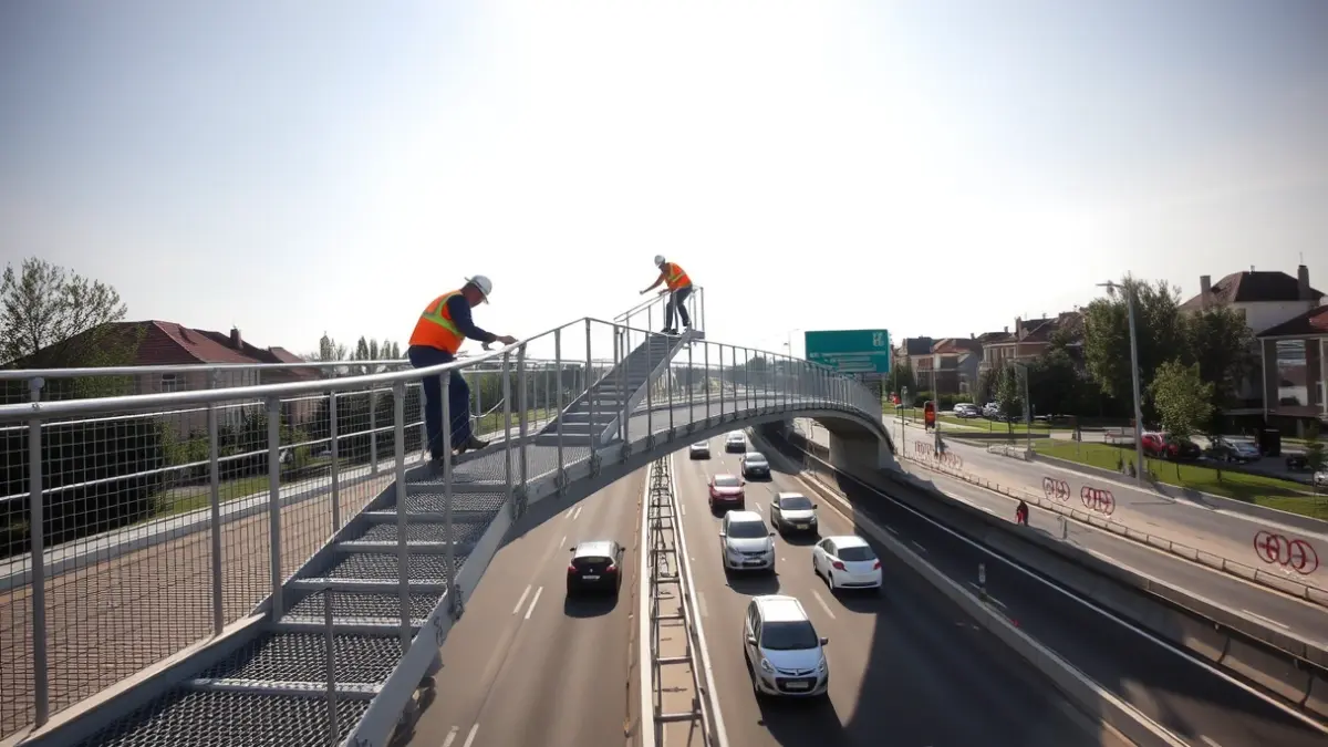 Repair works on a pedestrian walkway over a highway.
