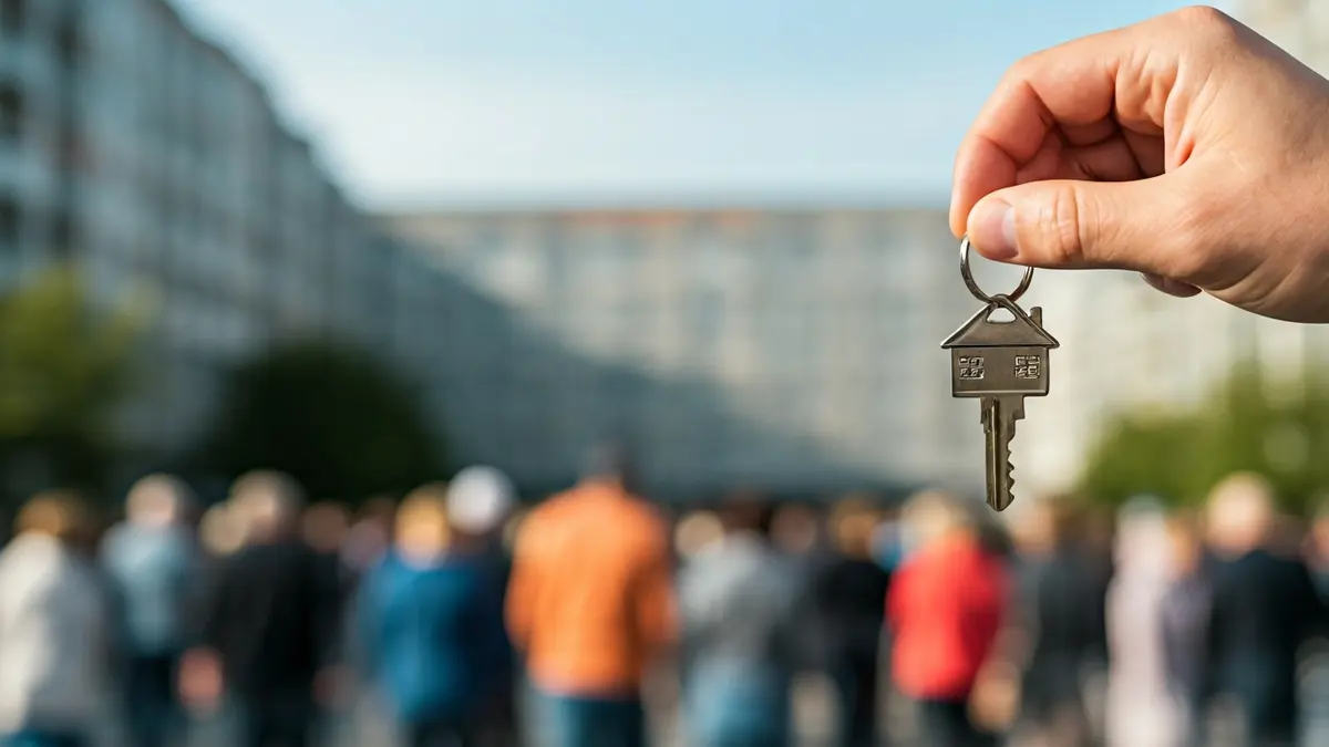 Generic image of a hand holding a house key, with blurred apartment buildings in the background.