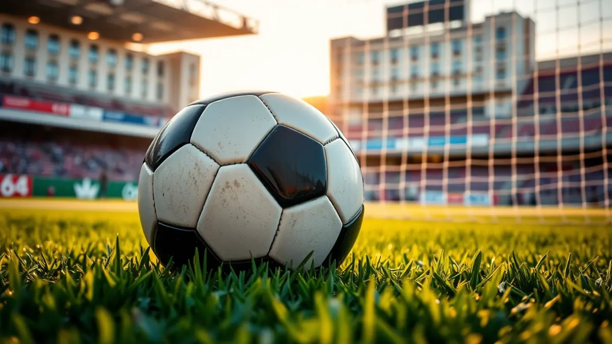 Generic image of a soccer ball on a field, with a blurred goal net in the background.