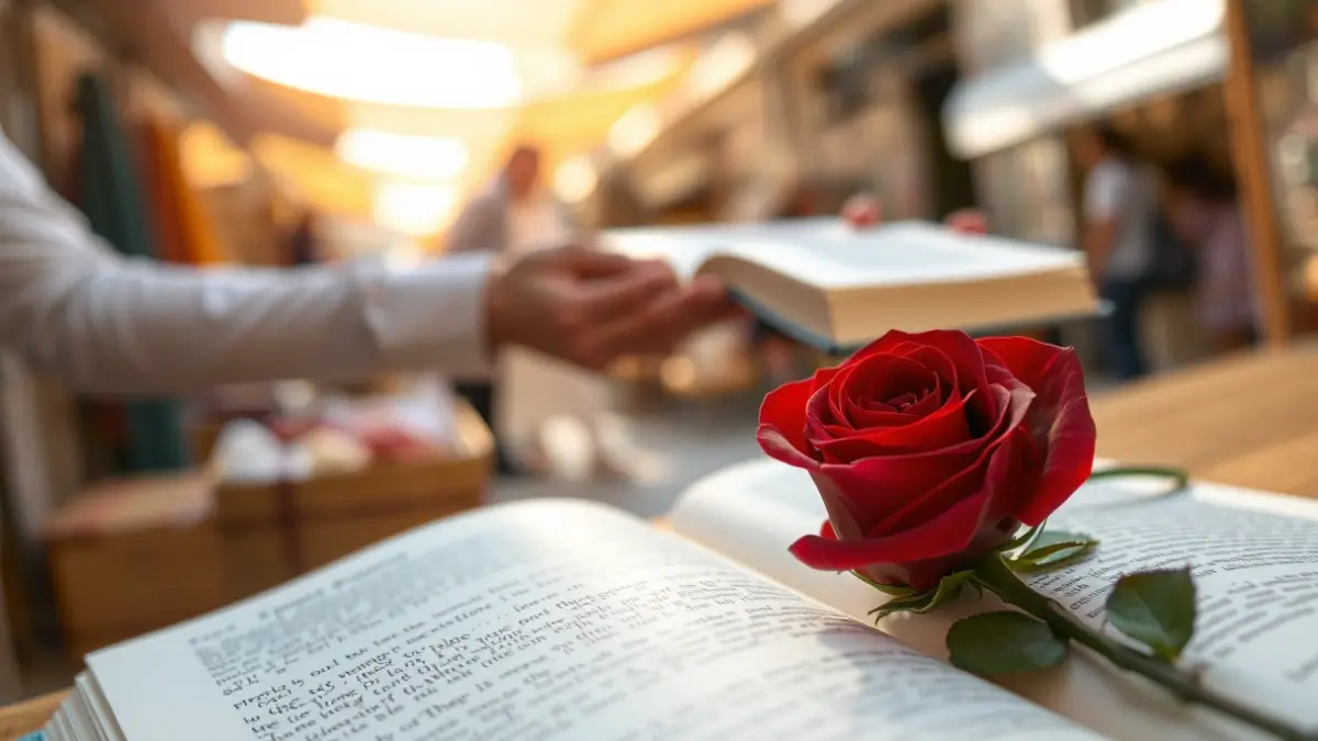 Image of a rose on an open book, with people exchanging books in the background at a street market.