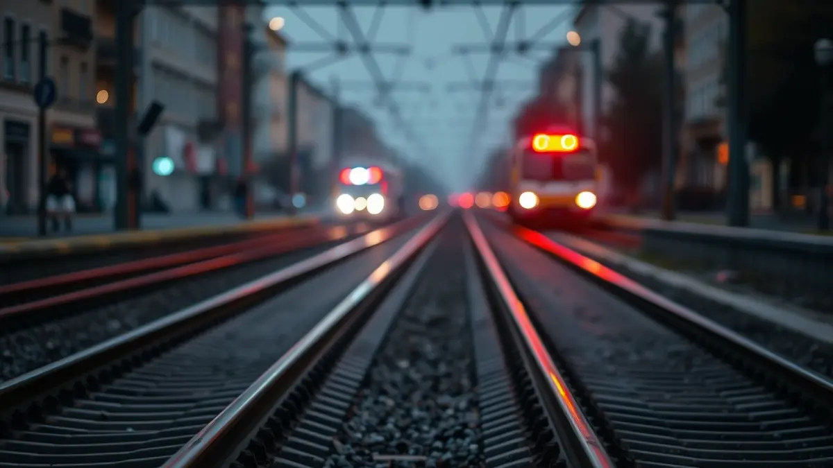 Imagen genérica de vías de tren con luces de emergencia al fondo.