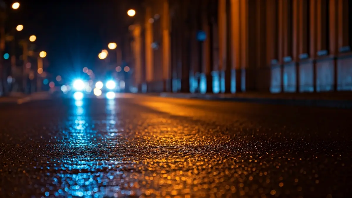 Generic image of emergency lights reflected on wet asphalt at night.