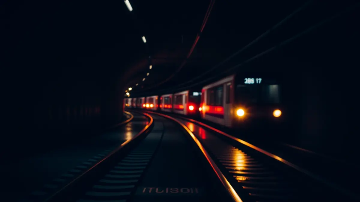Image of Madrid Metro tracks with emergency lights and catenary.