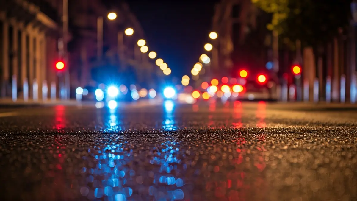 Generic image of emergency lights reflecting on wet asphalt in an urban setting in Madrid.