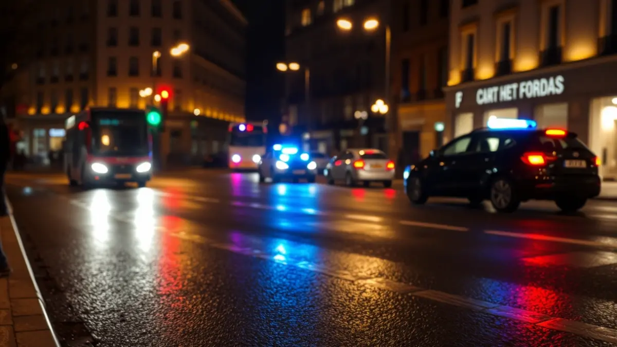 Imagen genérica de luces de emergencia reflejadas en el asfalto mojado de una ciudad europea.