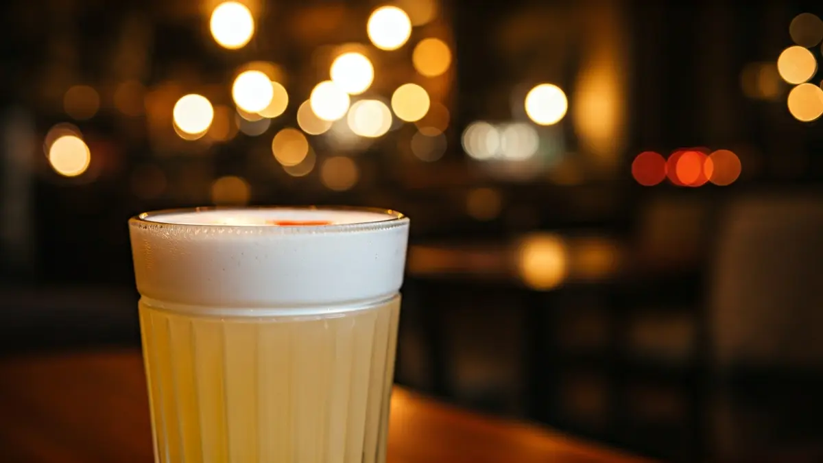 Imagen genérica de un cóctel pisco sour con espuma y amargo de angostura.