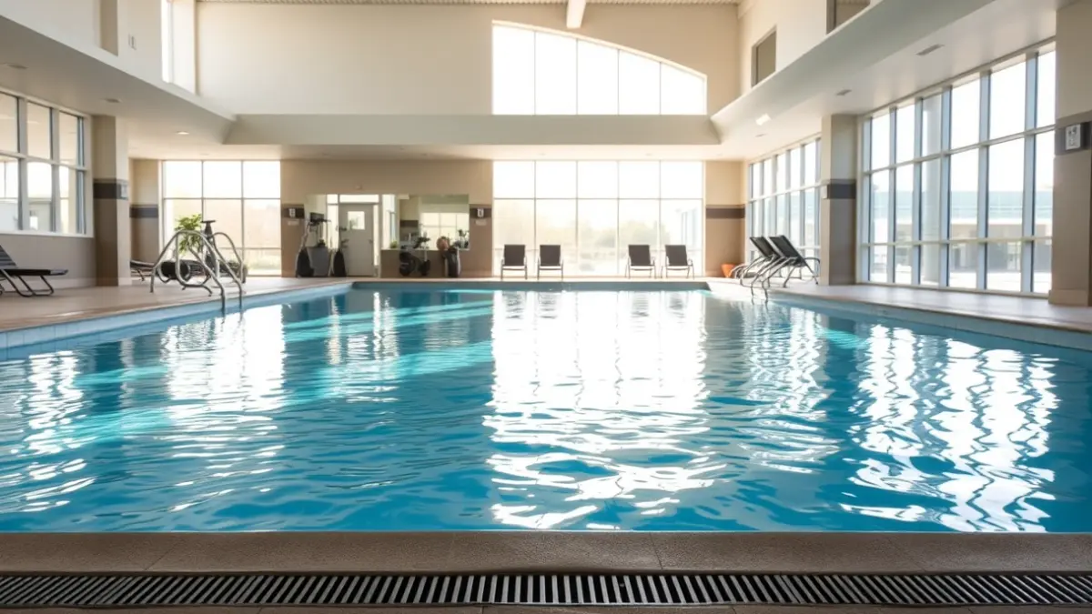 Image of a modern heated swimming pool with a gym.