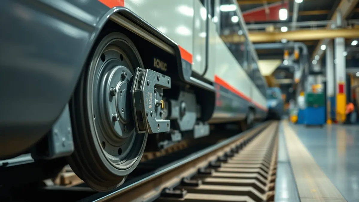 Imagen genérica de un sistema de ruedas y bogie de un tren de metro en un taller de mantenimiento.