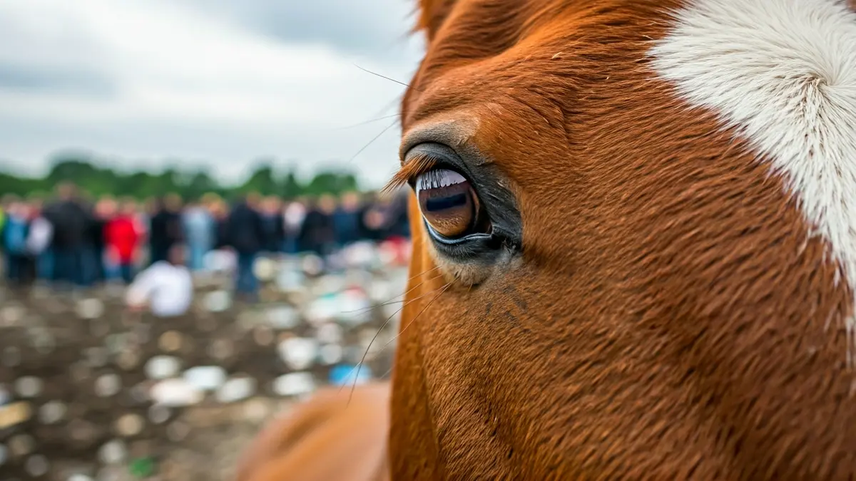 Imagen de un caballo en estado de sufrimiento en un entorno de residuos.
