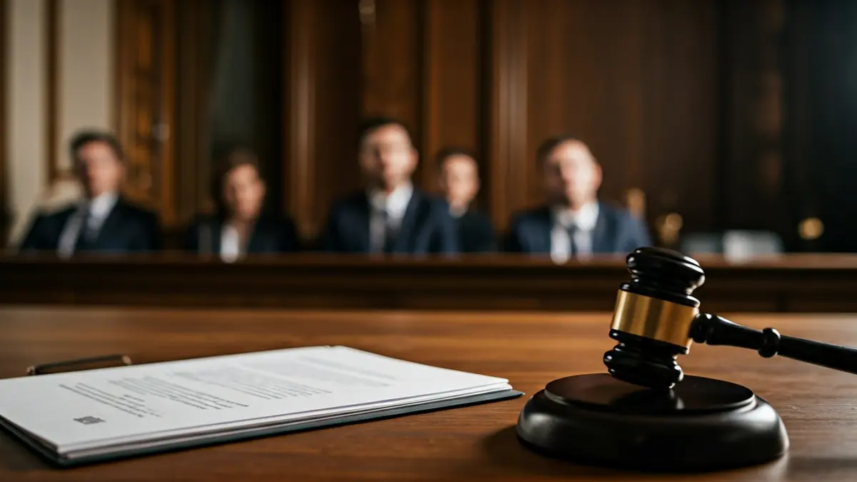 Imagen genérica de un documento legal con un mazo de juez desenfocado.