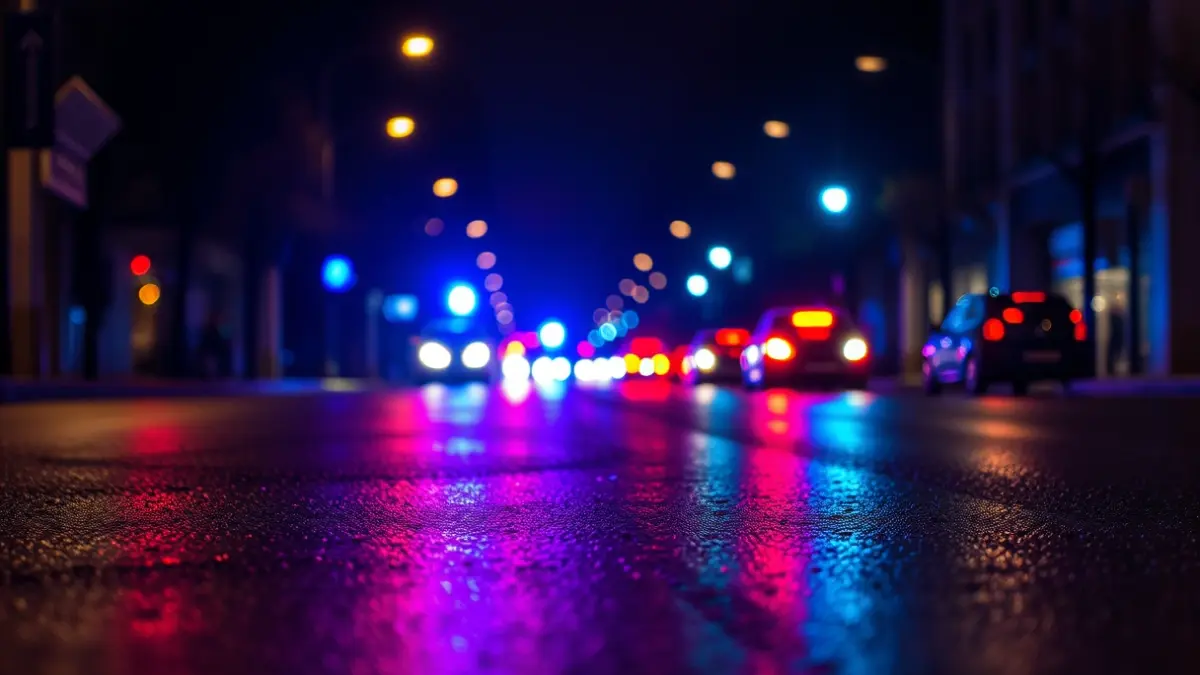 Generic image of emergency lights reflected on wet asphalt.