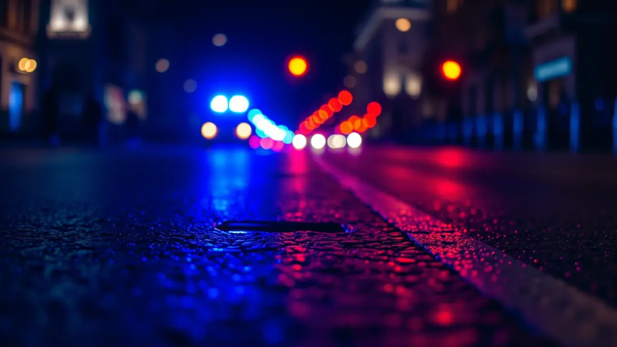 Generic image of emergency lights reflected on wet asphalt at night.